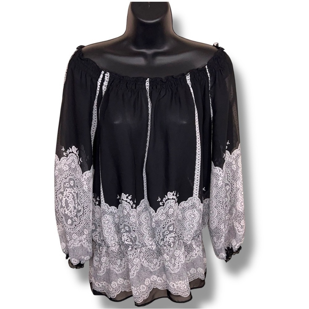 Medium Notations Black White Lace Print Blouse Peasant Semi Sheer Goth